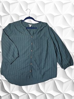 Sonoma Striped Button-Front Blouse in Teal Green